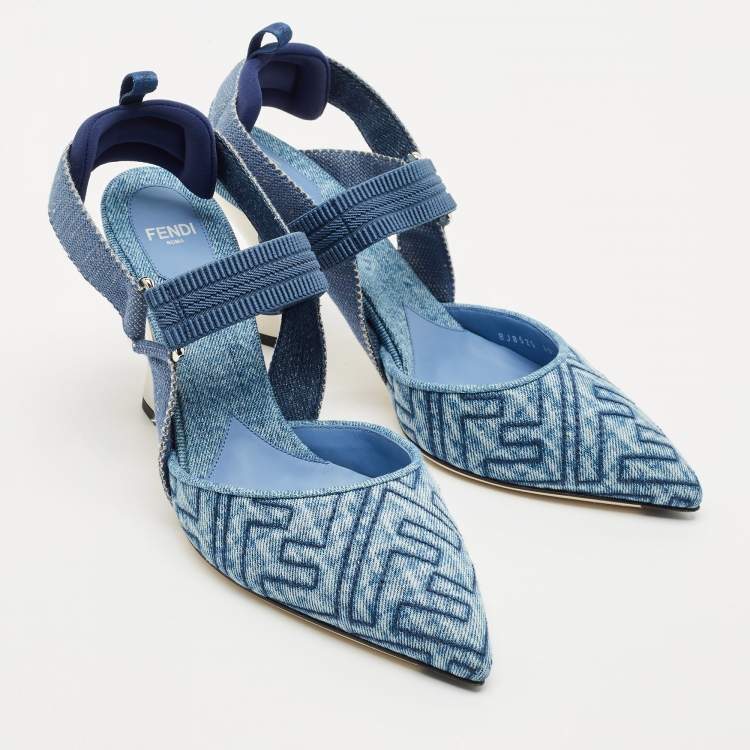 Pre Owned Fendi Navy Blue Zucca Denim Colibri Slingback Pumps Size 39.5