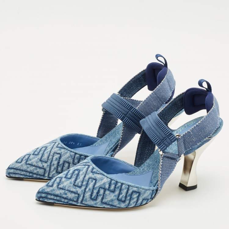 Pre Owned Fendi Navy Blue Zucca Denim Colibri Slingback Pumps Size 39.5