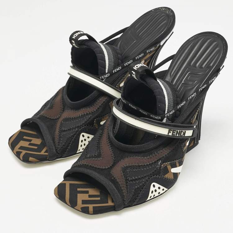 Pre Owned Fendi Multicolor Neoprene and Mesh Freedom FF Patchwork Slingback Sandals Size 38.5