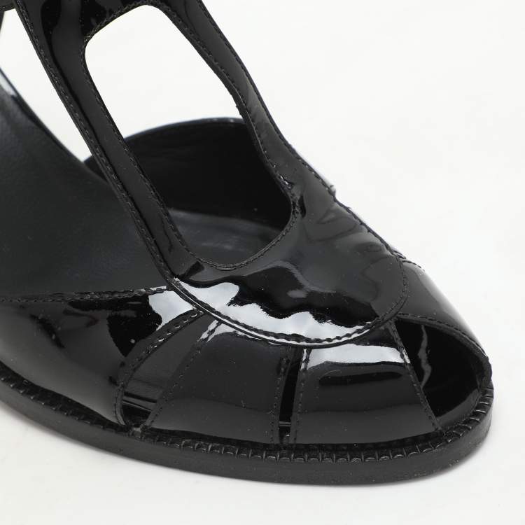 Pre Owned Fendi Black Patent Leather Chameleon Ankle Strap Sandals Size 36