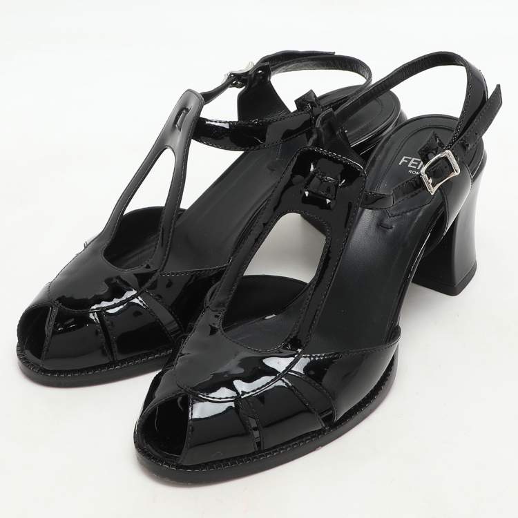 Pre Owned Fendi Black Patent Leather Chameleon Ankle Strap Sandals Size 36