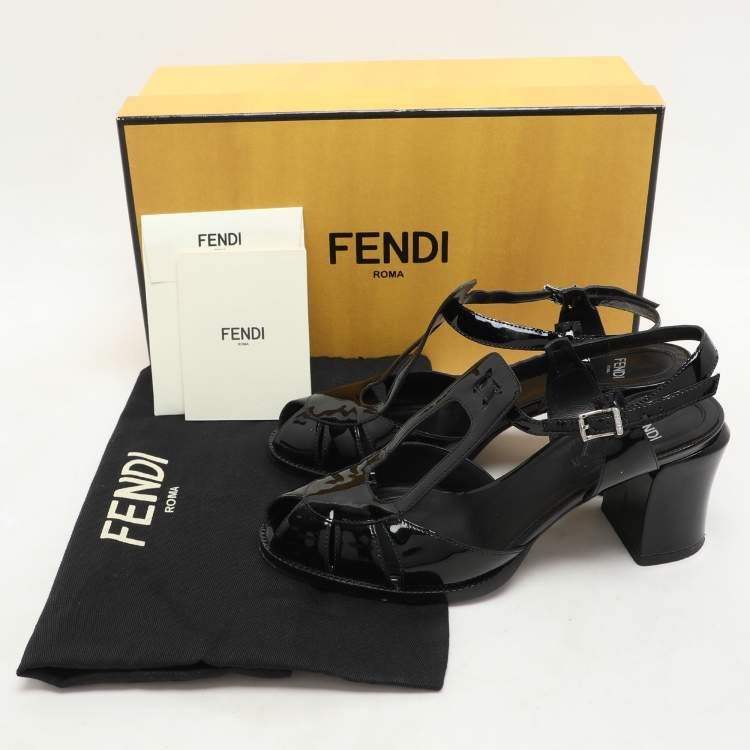 Pre Owned Fendi Black Patent Leather Chameleon Ankle Strap Sandals Size 36
