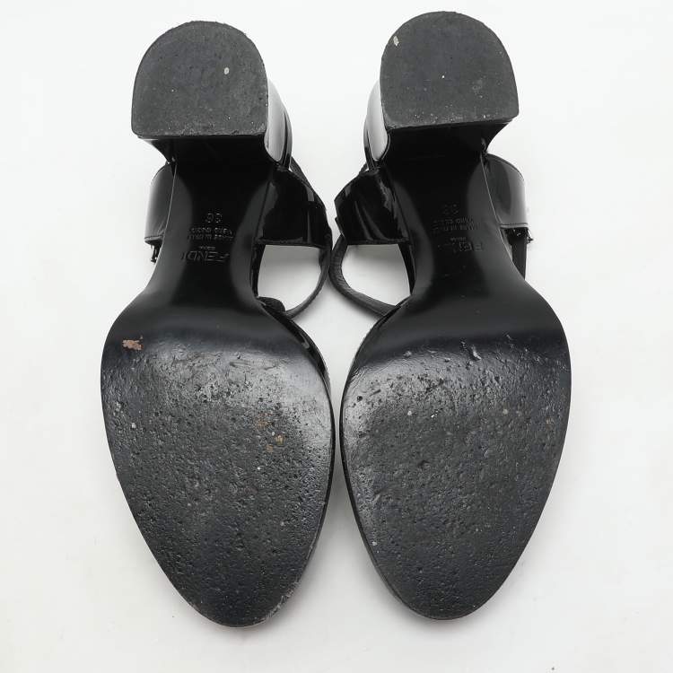 Pre Owned Fendi Black Patent Leather Chameleon Ankle Strap Sandals Size 36