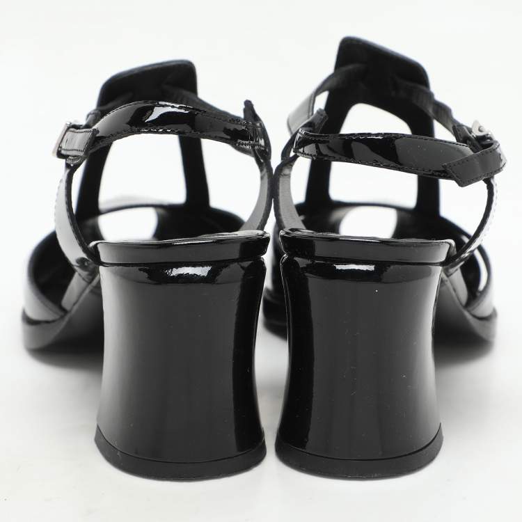 Pre Owned Fendi Black Patent Leather Chameleon Ankle Strap Sandals Size 36