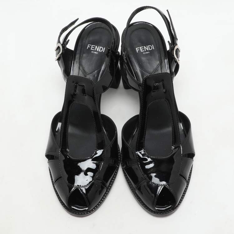 Pre Owned Fendi Black Patent Leather Chameleon Ankle Strap Sandals Size 36