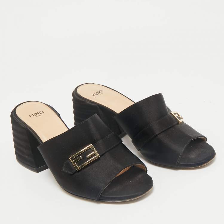 Pre Owned Fendi Black Satin FF Buckle Block Heel Slide Sandals Size 37.5