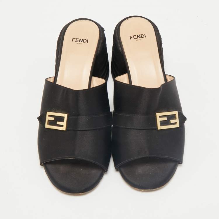 Pre Owned Fendi Black Satin FF Buckle Block Heel Slide Sandals Size 37.5