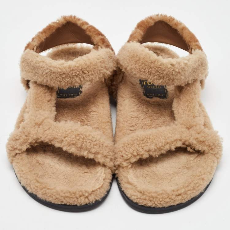 Pre Owned Fendi Brown Shearling Fur Ankle Strap Flat Sandals Size 40