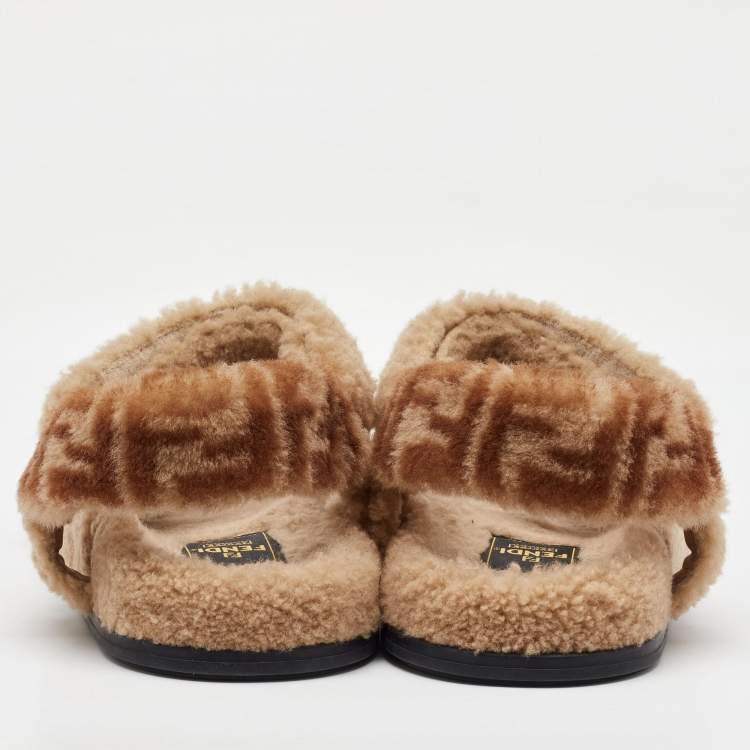 Pre Owned Fendi Brown Shearling Fur Ankle Strap Flat Sandals Size 40