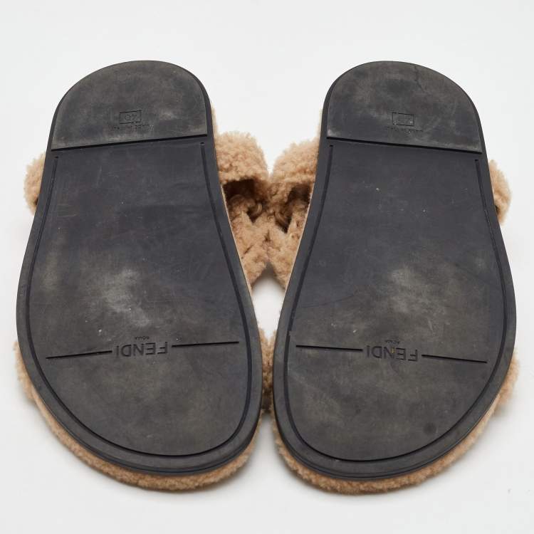 Pre Owned Fendi Brown Shearling Fur Ankle Strap Flat Sandals Size 40