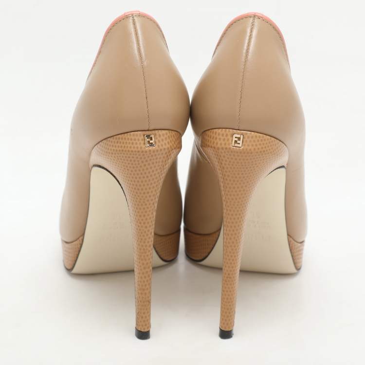 Pre Owned Fendi Beige Lizard Embossed and Leather Scalloped Peep Toe Platform Pumps Size 36