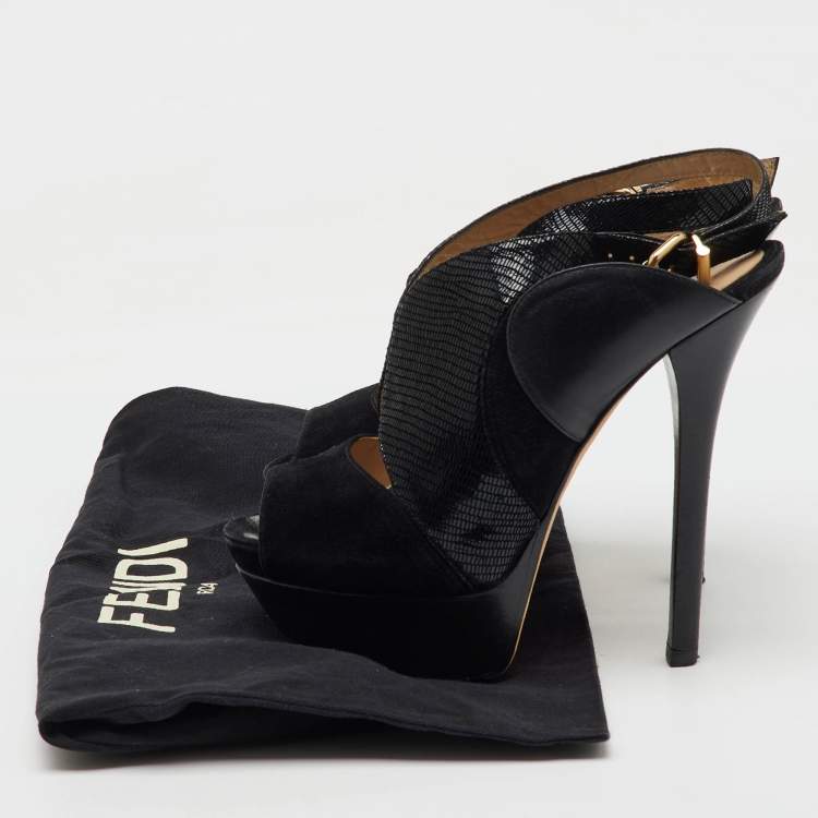 Pre Owned Fendi Black Suede and Leather Peep Toe Platform Slingback Pumps Size 39.5