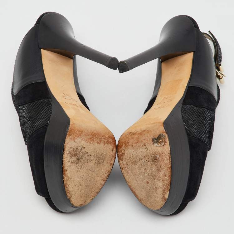 Pre Owned Fendi Black Suede and Leather Peep Toe Platform Slingback Pumps Size 39.5