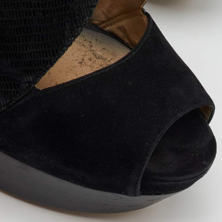 Pre Owned Fendi Black Suede and Leather Peep Toe Platform Slingback Pumps Size 39.5
