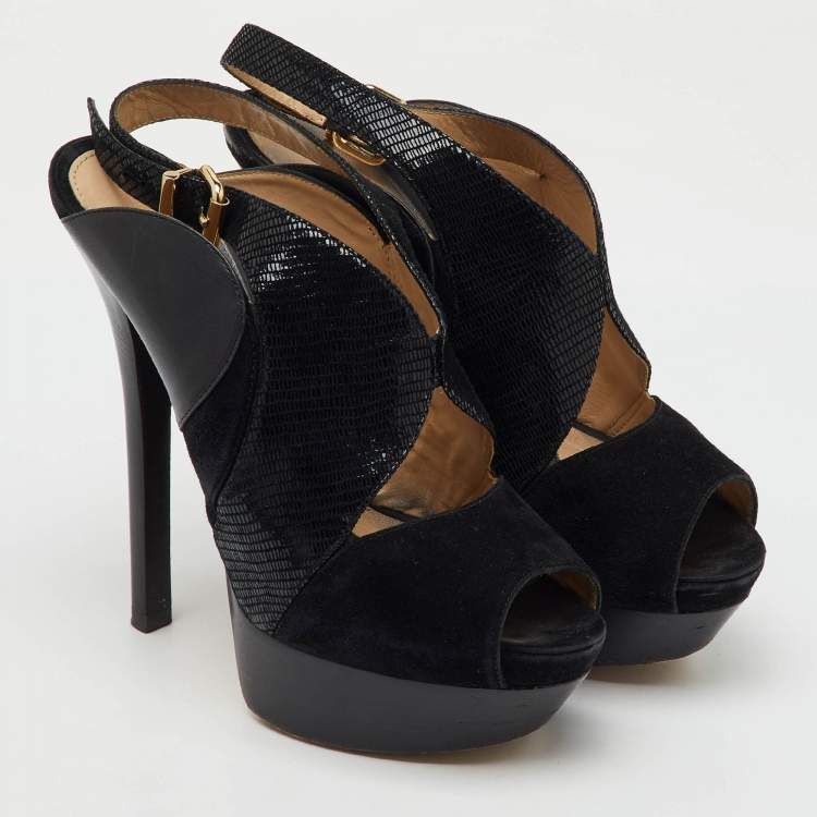 Pre Owned Fendi Black Suede and Leather Peep Toe Platform Slingback Pumps Size 39.5