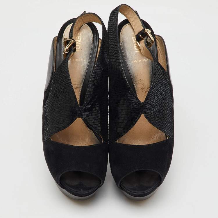 Pre Owned Fendi Black Suede and Leather Peep Toe Platform Slingback Pumps Size 39.5