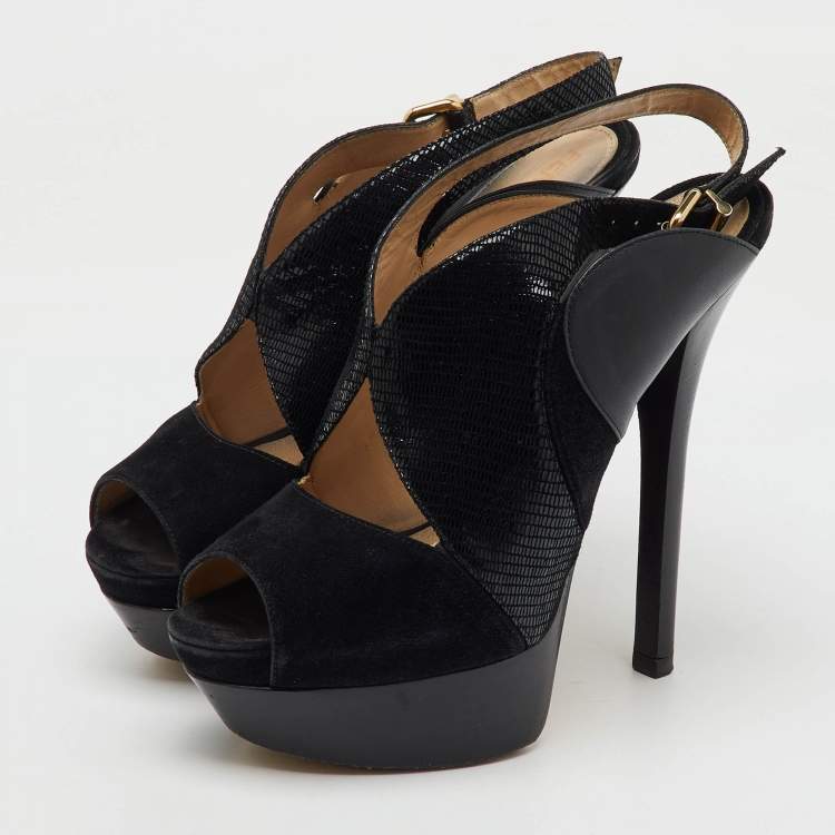 Pre Owned Fendi Black Suede and Leather Peep Toe Platform Slingback Pumps Size 39.5