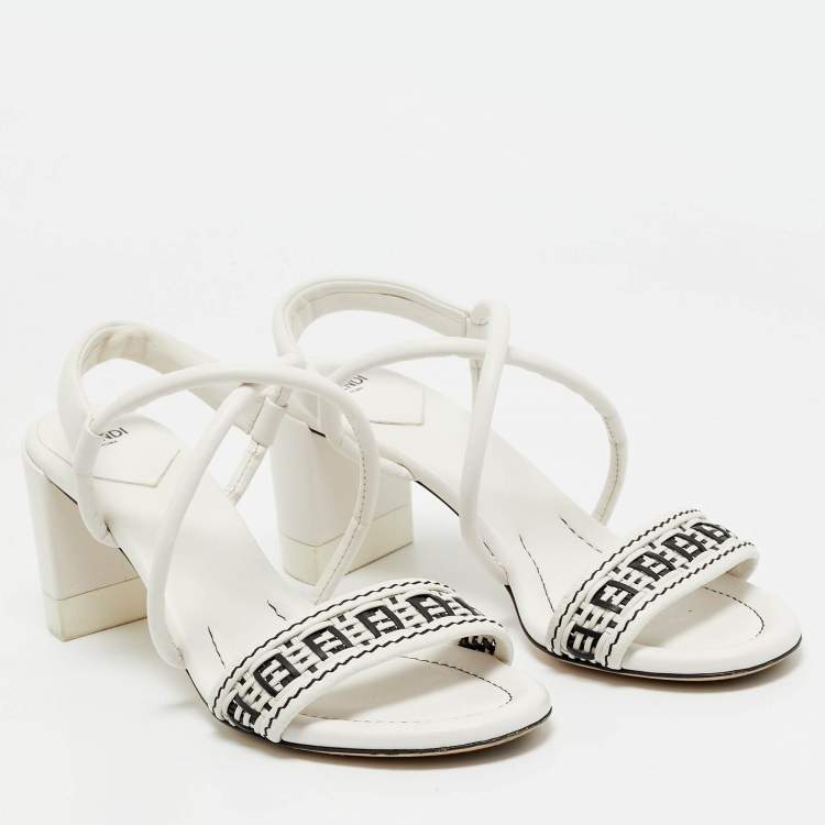 Pre Owned Fendi White/Black Leather Block Heel Ankle Strap Sandals Size 41