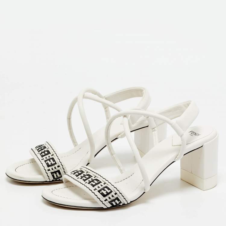 Pre Owned Fendi White/Black Leather Block Heel Ankle Strap Sandals Size 41