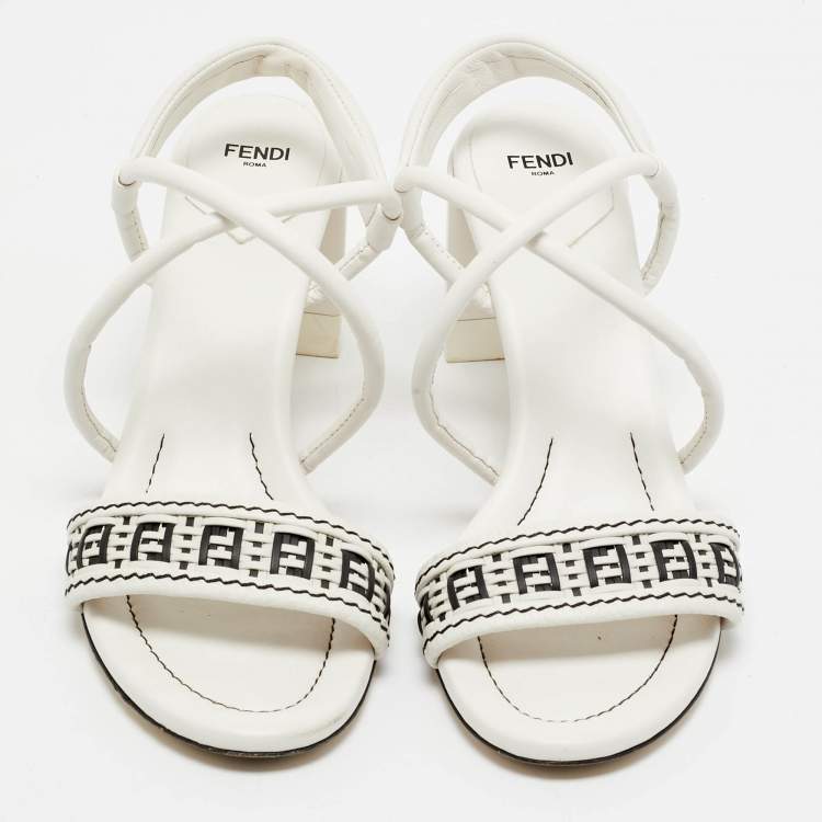 Pre Owned Fendi White/Black Leather Block Heel Ankle Strap Sandals Size 41