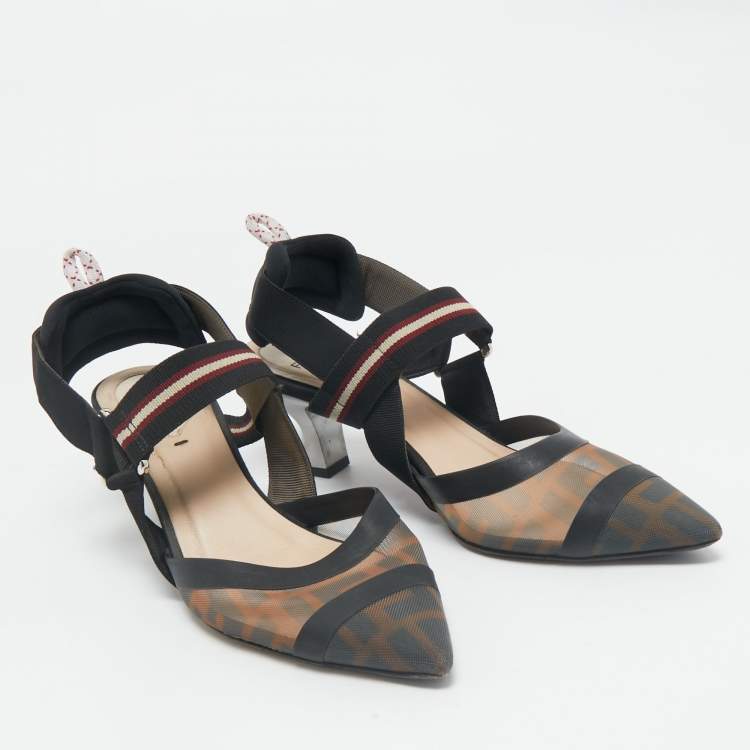 مملوكة مسبقًا Fendi Brown/Black Zucca Mesh and Canvas Colibri Slingback Pumps Size 38