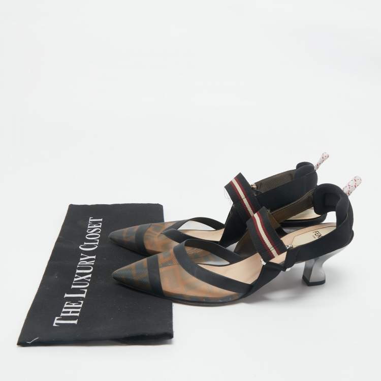 مملوكة مسبقًا Fendi Brown/Black Zucca Mesh and Canvas Colibri Slingback Pumps Size 38