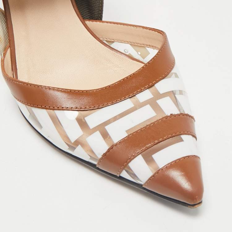 Pre Owned Fendi Brown/White Zucca PVC and Fabric Colibri Slingback Pumps Size 38