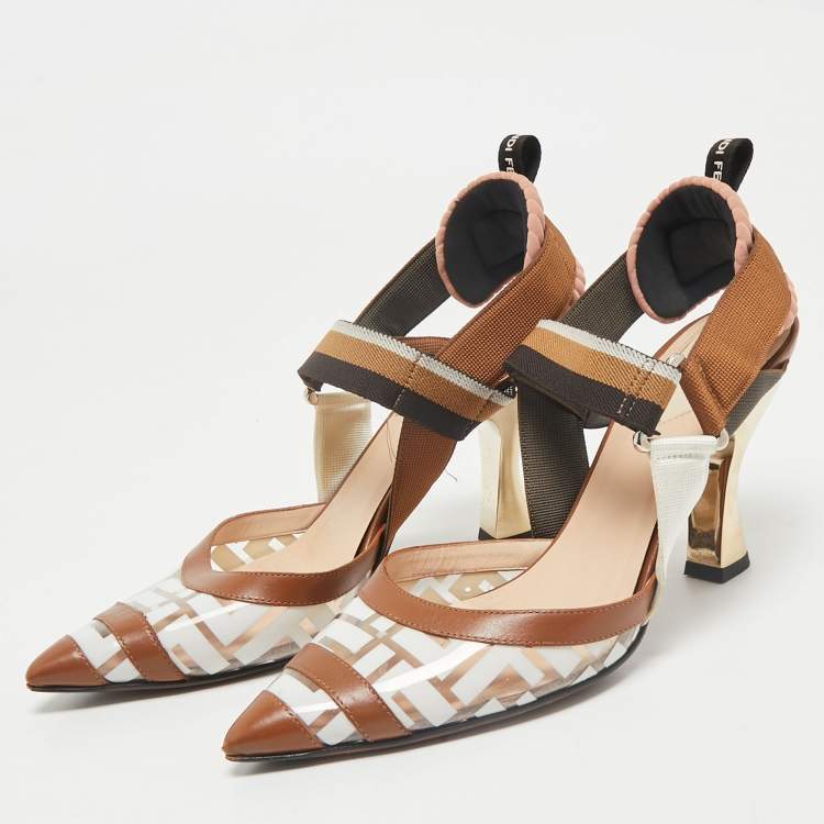 Pre Owned Fendi Brown/White Zucca PVC and Fabric Colibri Slingback Pumps Size 38