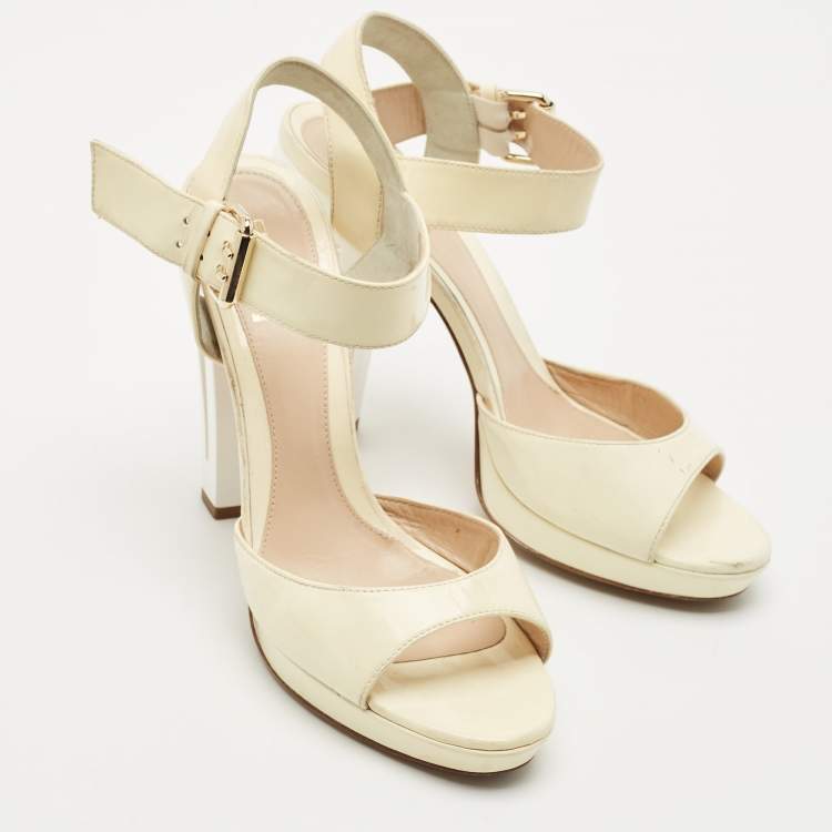 Pre Owned Fendi Beige/White Patent Leather Open Toe Ankle Strap Sandals Size 40