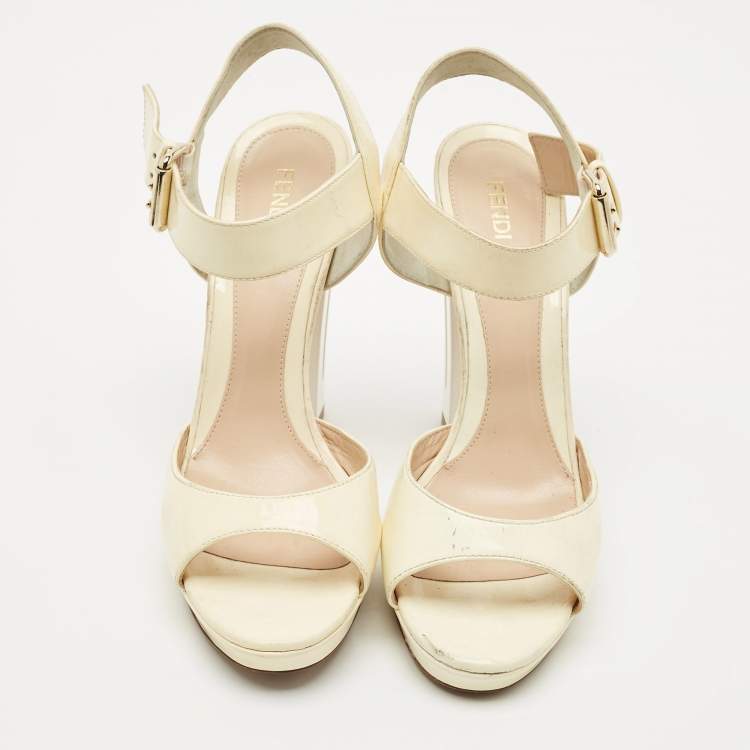 Pre Owned Fendi Beige/White Patent Leather Open Toe Ankle Strap Sandals Size 40