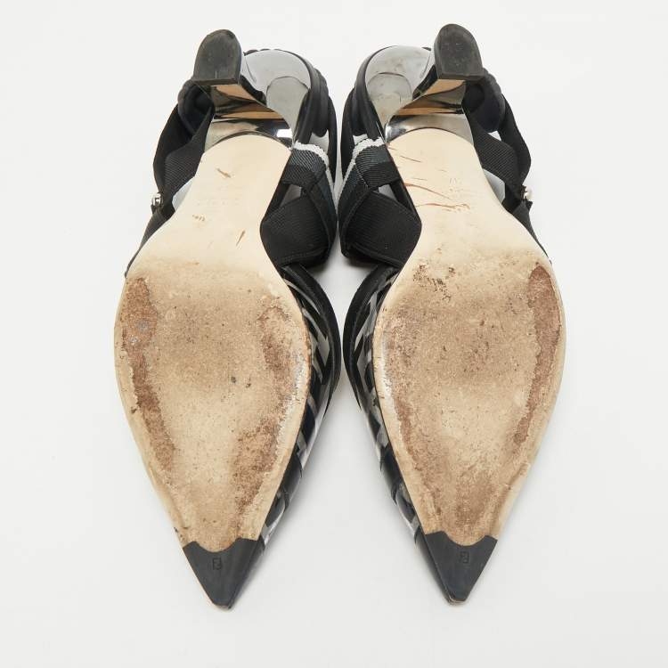 Pre Owned Fendi Black Leather and Zucca PVC Colibri Slingback Pumps Size 37