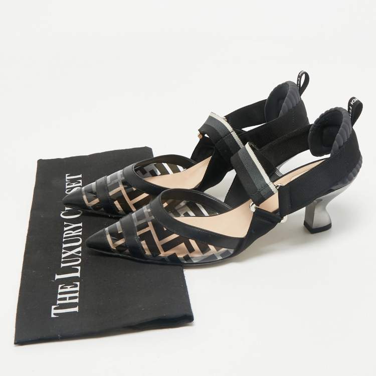 Pre Owned Fendi Black Leather and Zucca PVC Colibri Slingback Pumps Size 37