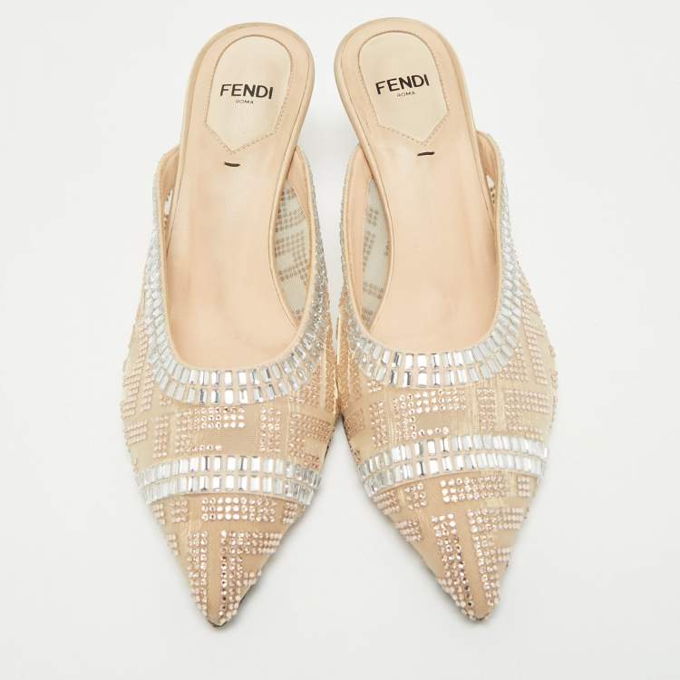 Pre Owned Fendi Beige Mesh Crystal Embellished Colibri Heel Mules Size 35