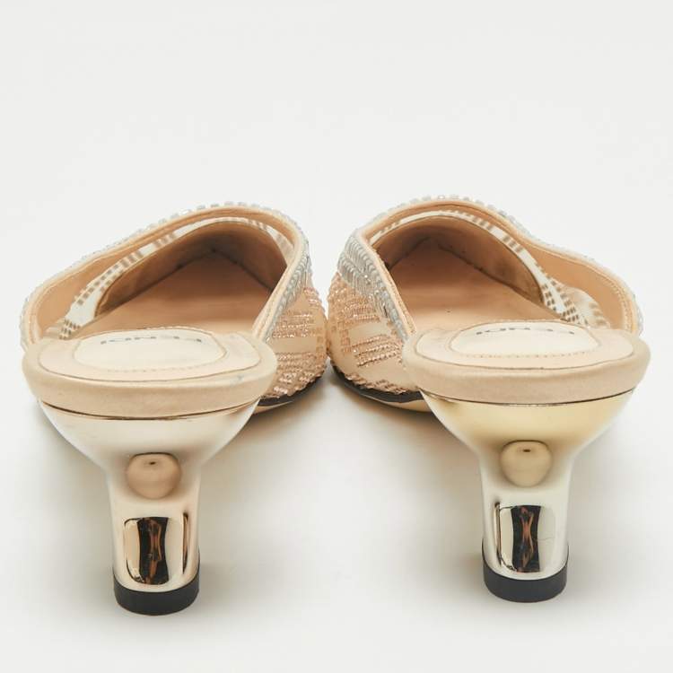 Pre Owned Fendi Beige Mesh Crystal Embellished Colibri Heel Mules Size 35