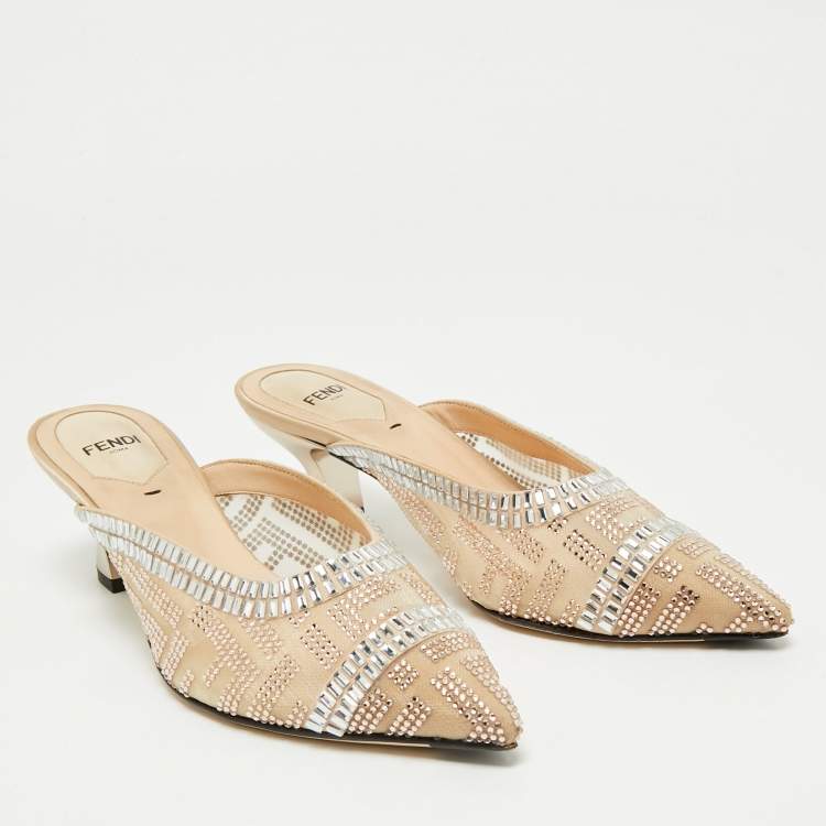 Pre Owned Fendi Beige Mesh Crystal Embellished Colibri Heel Mules Size 35