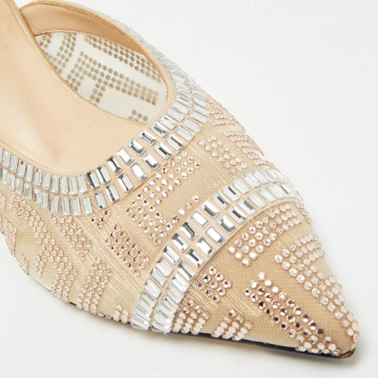 Pre Owned Fendi Beige Mesh Crystal Embellished Colibri Heel Mules Size 35