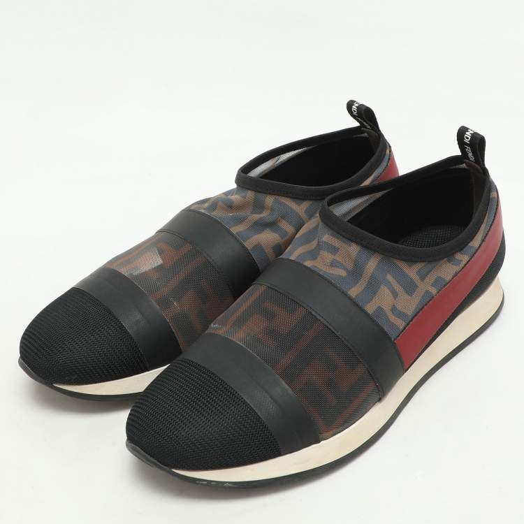 Pre Owned Fendi Tricolor Zucca Mesh and Leather Runway Slip On Sneakers Size 38