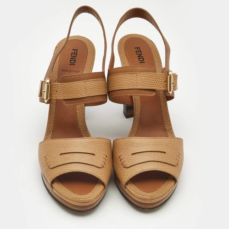 Pre Owned Fendi Brown Lizard Embossed Leather Platform Ankle Strap Sandals Size 40