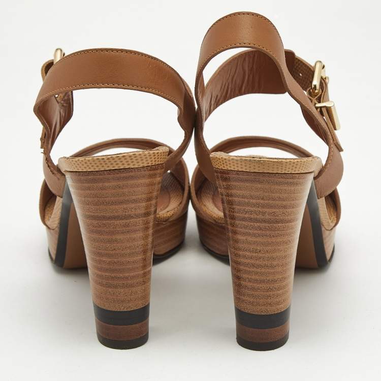 Pre Owned Fendi Brown Lizard Embossed Leather Platform Ankle Strap Sandals Size 40