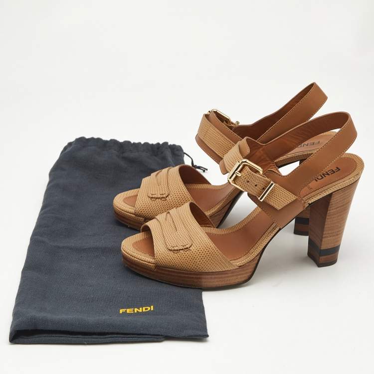 Pre Owned Fendi Brown Lizard Embossed Leather Platform Ankle Strap Sandals Size 40
