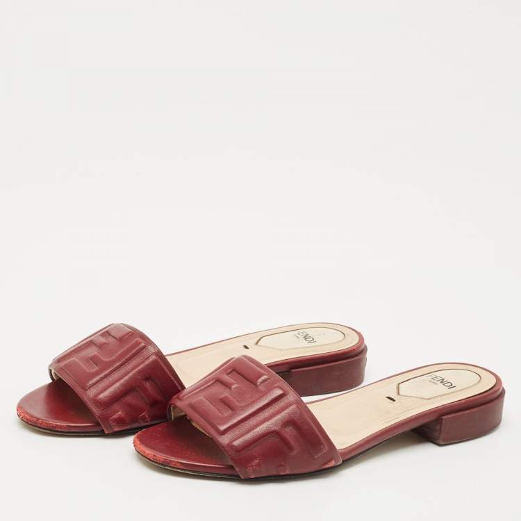 Pre Owned Fendi Burgundy FF Embossed Leather Slide Sandals Size 36