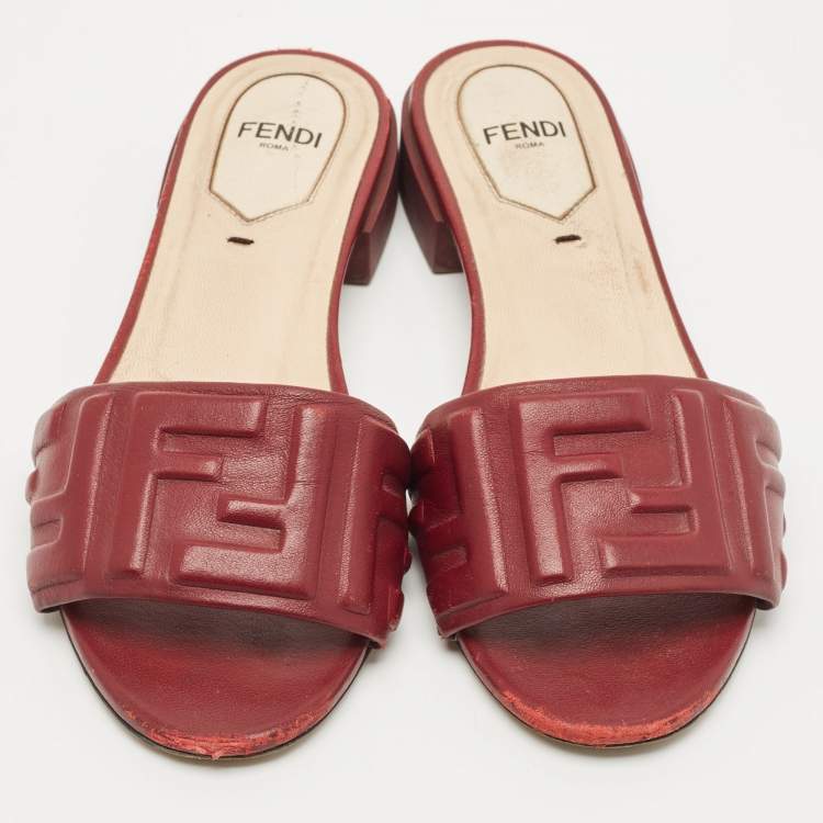 Pre Owned Fendi Burgundy FF Embossed Leather Slide Sandals Size 36