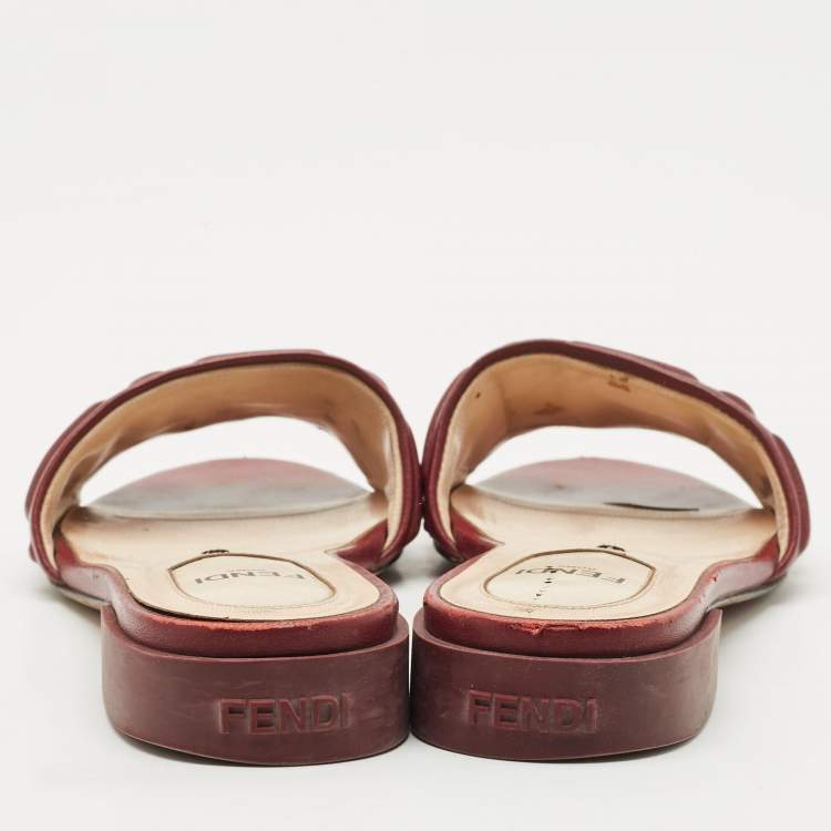 Pre Owned Fendi Burgundy FF Embossed Leather Slide Sandals Size 36