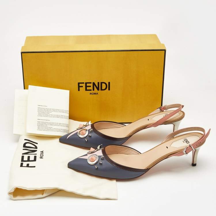 Pre Owned Fendi Multicolor Leather Studded Monster Slingback Sandals Size 38.5