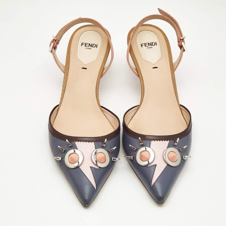 Pre Owned Fendi Multicolor Leather Studded Monster Slingback Sandals Size 38.5