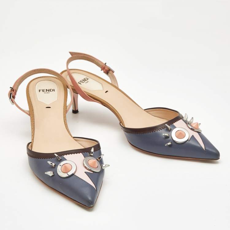 Pre Owned Fendi Multicolor Leather Studded Monster Slingback Sandals Size 38.5