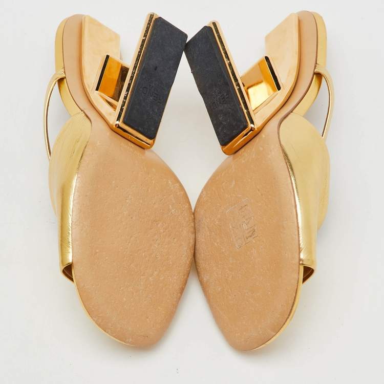 Pre Owned Fendi Gold Leather Fendi First Slide Sandals Size 41