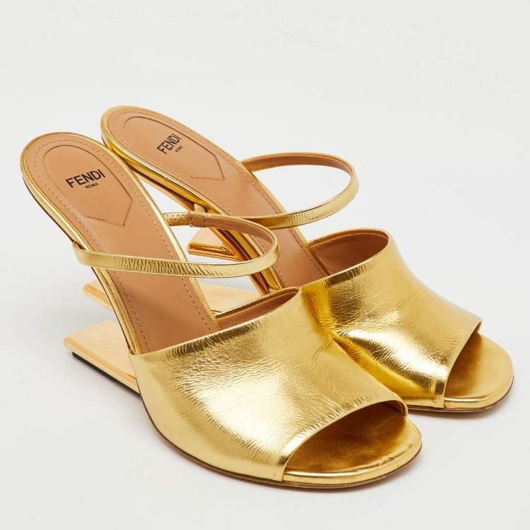 Pre Owned Fendi Gold Leather Fendi First Slide Sandals Size 41
