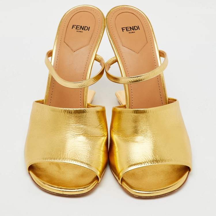 Pre Owned Fendi Gold Leather Fendi First Slide Sandals Size 41