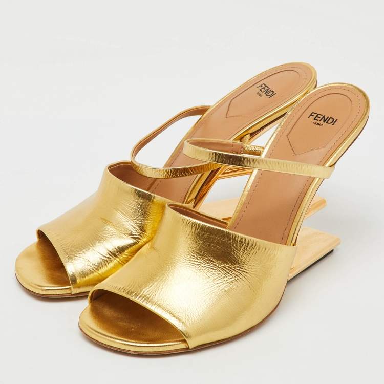 Pre Owned Fendi Gold Leather Fendi First Slide Sandals Size 41
